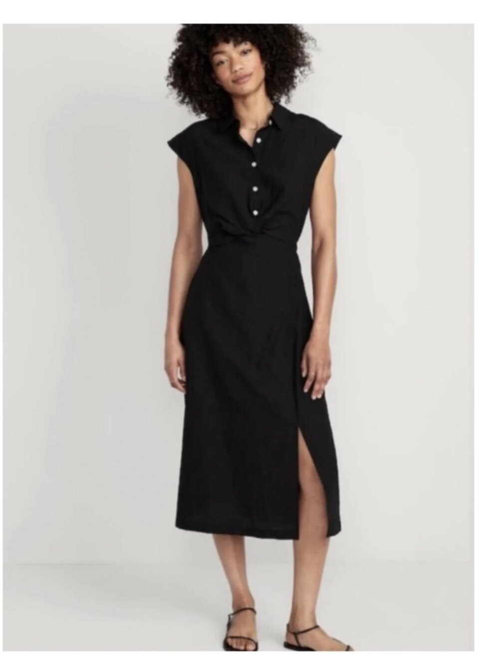 Old Navy Black Waist-Defined Twist-Front Midi Shirt Dress Large